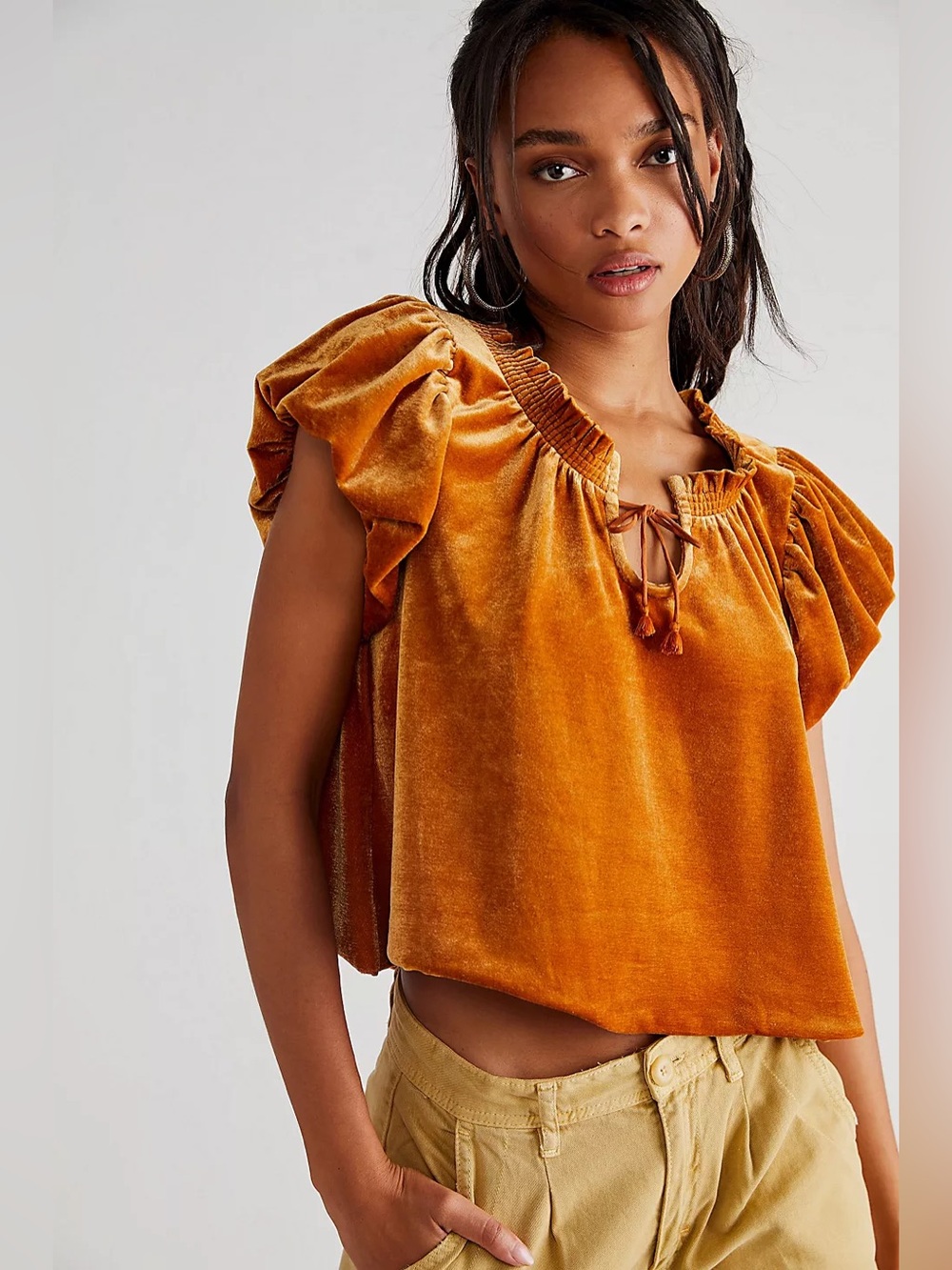 Free People Terese Velvet Ruffle Tie-Front Crop Top in Pumpkin Pie color size XS